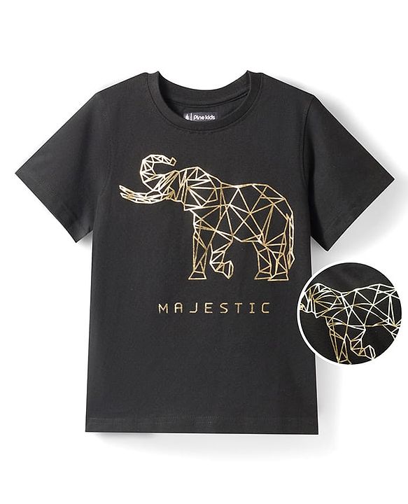 Pine Kids Cotton Knit T-Shirts Round Neck Half Sleeves Elephant Graphic Black 4-5 Years