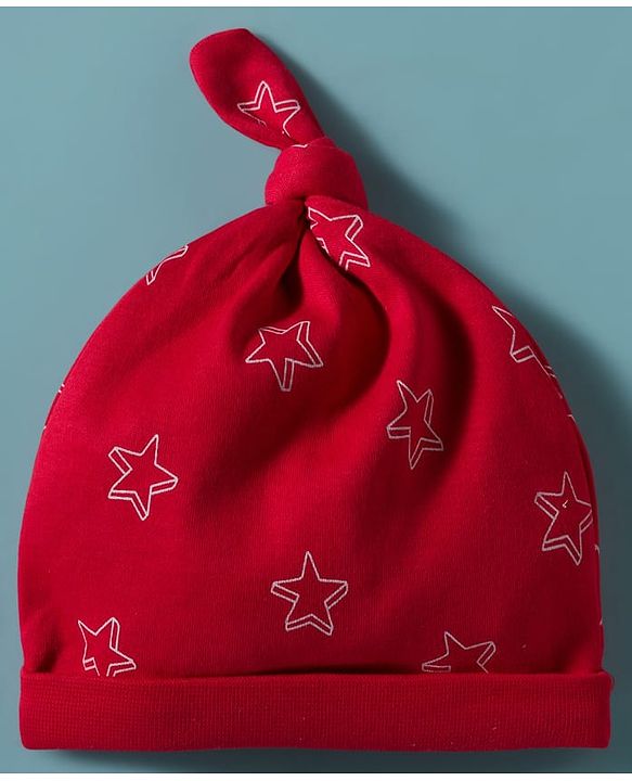 Babyhug 100% Cotton Knit Caps with Star Print Pack of 2 Red & White - Diameter 30 cm