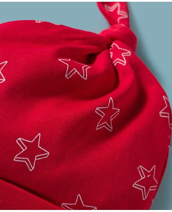 Babyhug 100% Cotton Knit Caps with Star Print Pack of 2 Red & White - Diameter 30 cm
