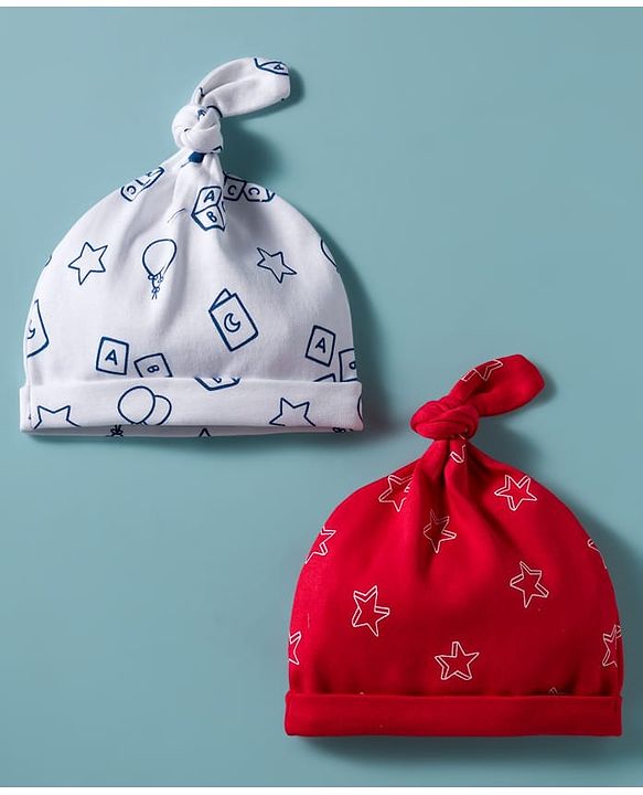 Babyhug 100% Cotton Knit Caps with Star Print Pack of 2 Red & White - Diameter 30 cm