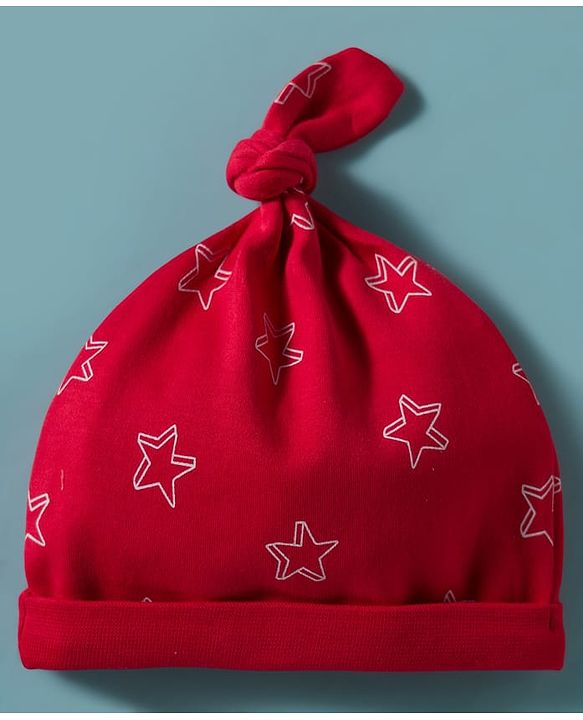 Babyhug 100% Cotton Knit Caps with Star Print Pack of 2 Red & White - Diameter 30 cm