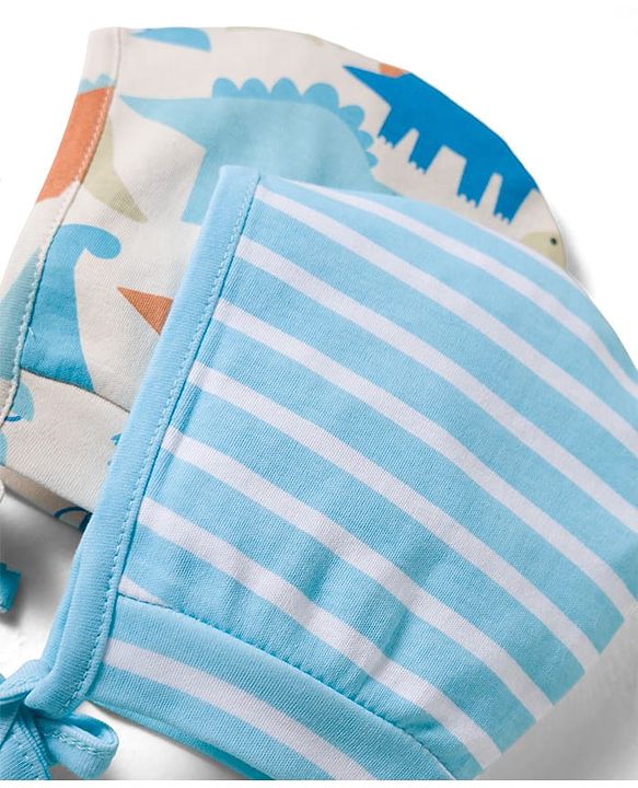 Babyhug 100% Cotton Knit Caps with Dino Print & Stripes Pack of 2 Multicolor - Diameter 22 cm