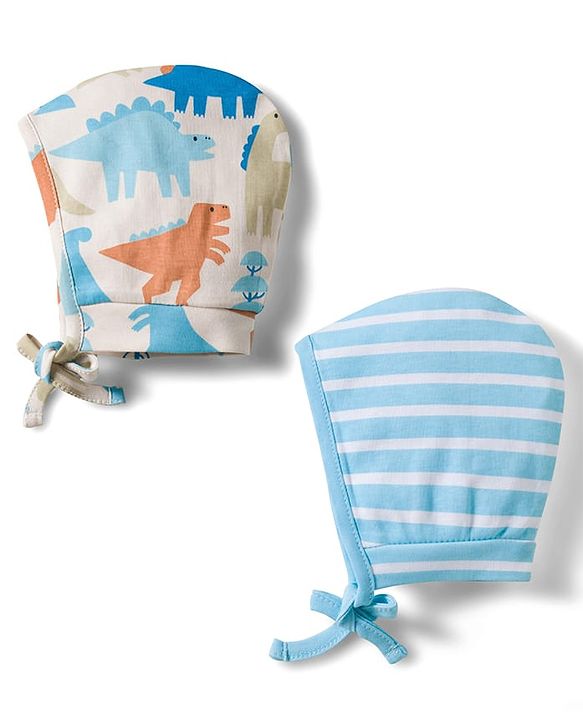 Babyhug 100% Cotton Knit Caps with Dino Print & Stripes Pack of 2 Multicolor - Diameter 22 cm