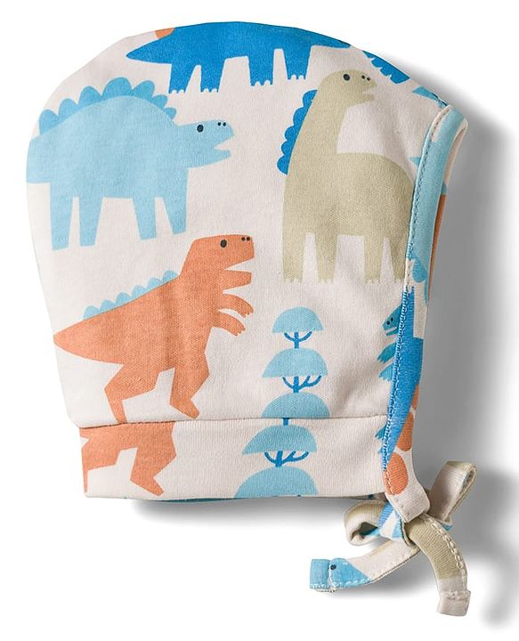 Babyhug 100% Cotton Knit Caps with Dino Print & Stripes Pack of 2 Multicolor - Diameter 22 cm