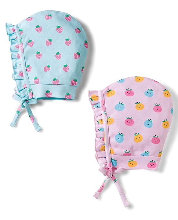 Babyhug 100% Cotton Knit Caps with Fruit Print Pack of 2 Multicolor - Diameter 18 cm