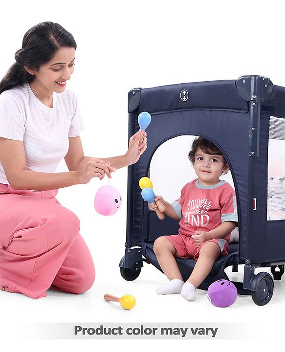 Babyhug Keep Me Close 2 in 1 Playpen Cum Baby Cot With Mosquito Net  - Blue Grey (Assembly Video Available)