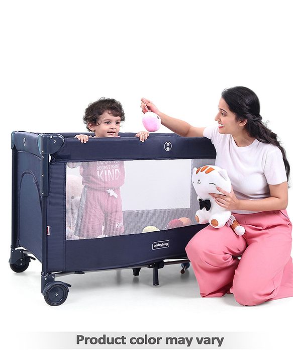 Babyhug Keep Me Close 2 in 1 Playpen Cum Baby Cot With Mosquito Net  - Blue Grey (Assembly Video Available)