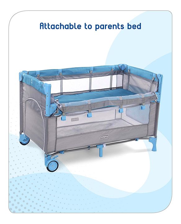 Babyhug Keep Me Close 2 in 1 Playpen Cum Baby Cot With Mosquito Net  - Blue Grey (Assembly Video Available)