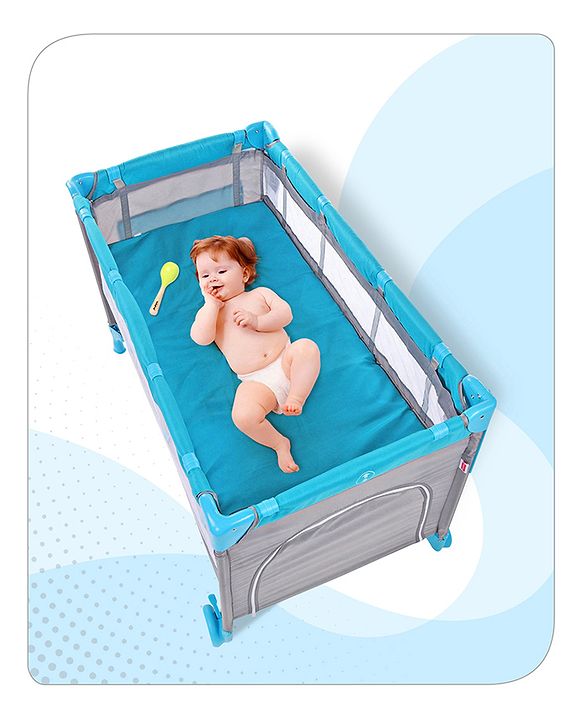 Babyhug Keep Me Close 2 in 1 Playpen Cum Baby Cot With Mosquito Net  - Blue Grey (Assembly Video Available)