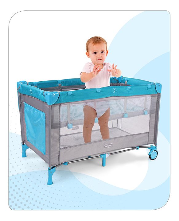 Babyhug Keep Me Close 2 in 1 Playpen Cum Baby Cot With Mosquito Net  - Blue Grey (Assembly Video Available)