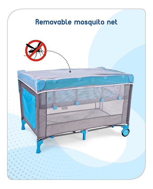 Babyhug Keep Me Close 2 in 1 Playpen Cum Baby Cot With Mosquito Net  - Blue Grey (Assembly Video Available)