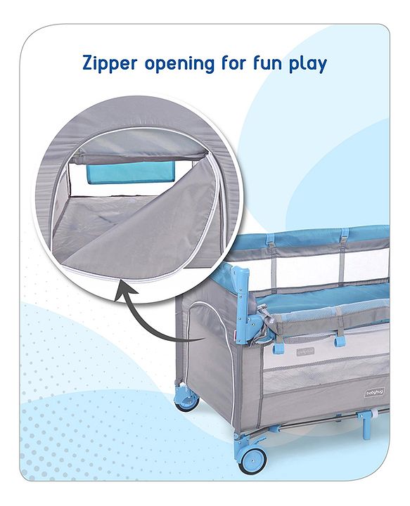 Babyhug Keep Me Close 2 in 1 Playpen Cum Baby Cot With Mosquito Net  - Blue Grey (Assembly Video Available)