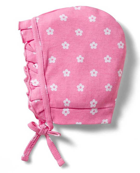 Babyhug 100% Cotton Knit Caps with Floral Print Pack of 2 Multicolor - Diameter 18 cm