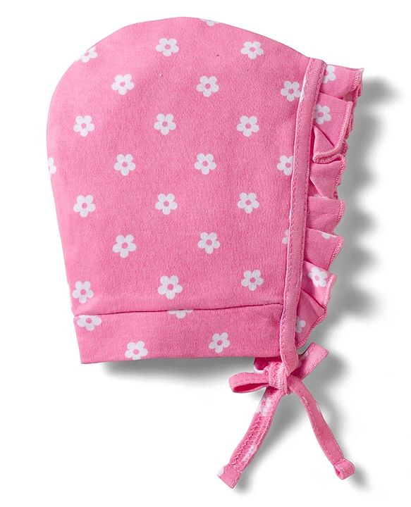 Babyhug 100% Cotton Knit Caps with Floral Print Pack of 2 Multicolor - Diameter 18 cm