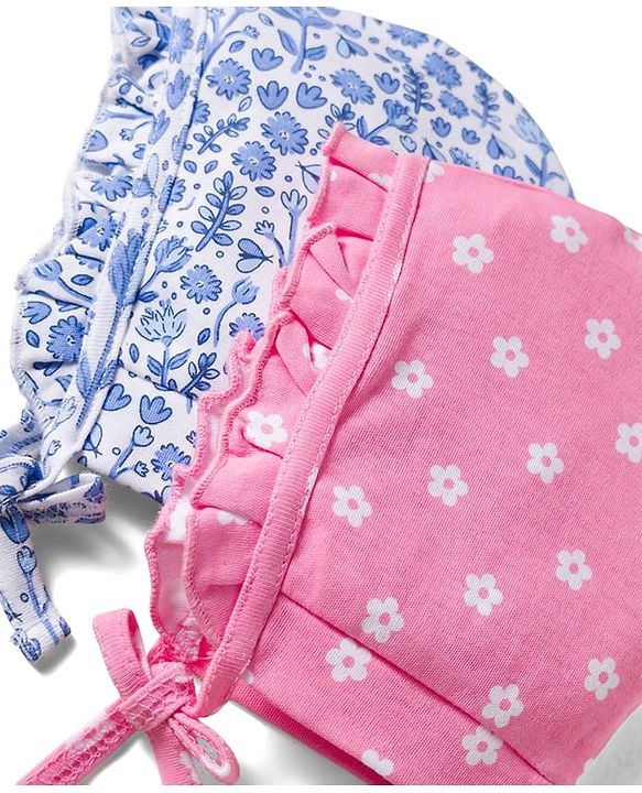 Babyhug 100% Cotton Knit Caps with Floral Print Pack of 2 Multicolor - Diameter 18 cm