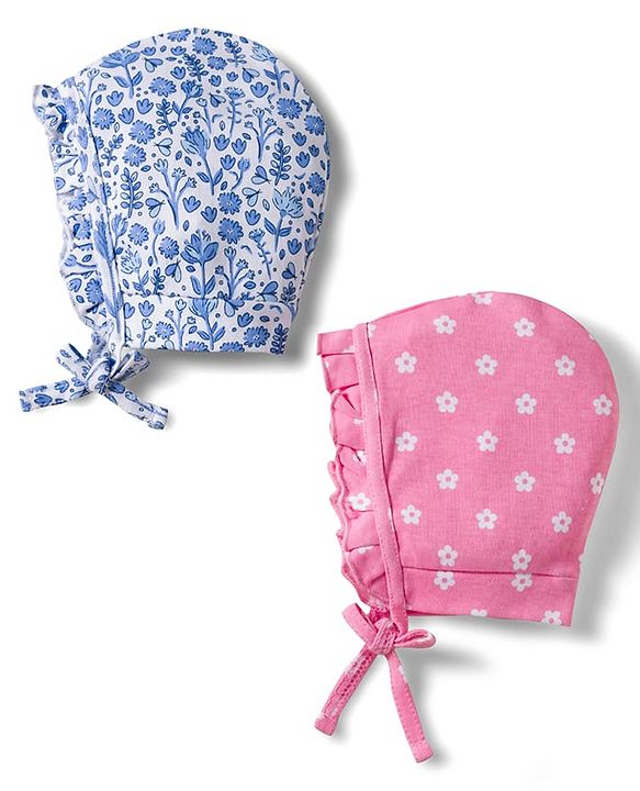 Babyhug 100% Cotton Knit Caps with Floral Print Pack of 2 Multicolor - Diameter 18 cm