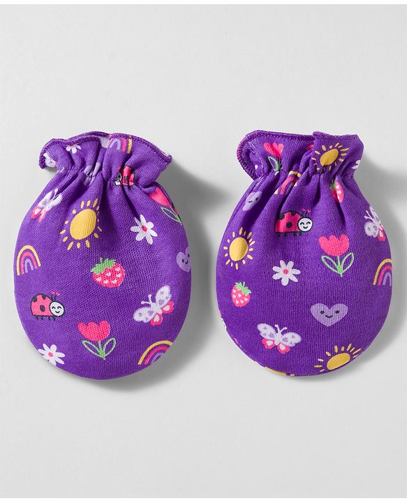 Babyhug 100% Cotton Knit Mittens & Booties With Floral & Rainbow Print - Multicolor