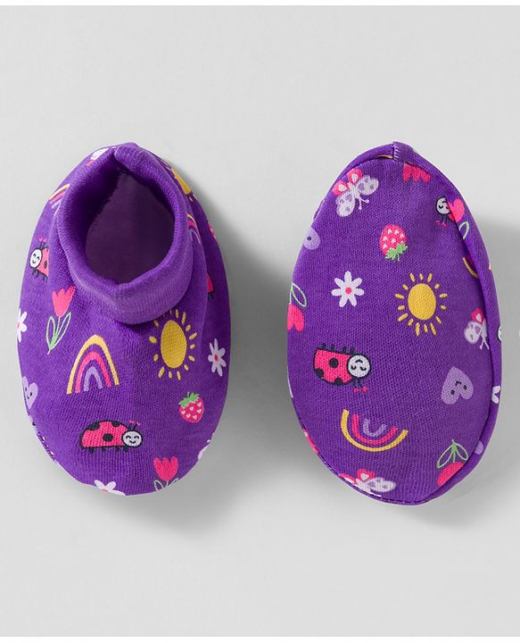 Babyhug 100% Cotton Knit Mittens & Booties With Floral & Rainbow Print - Multicolor