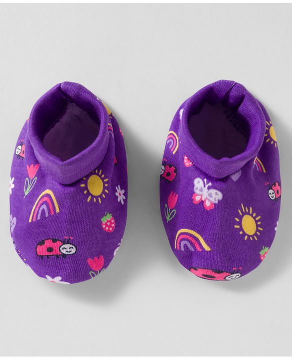 Babyhug 100% Cotton Knit Mittens & Booties With Floral & Rainbow Print - Multicolor