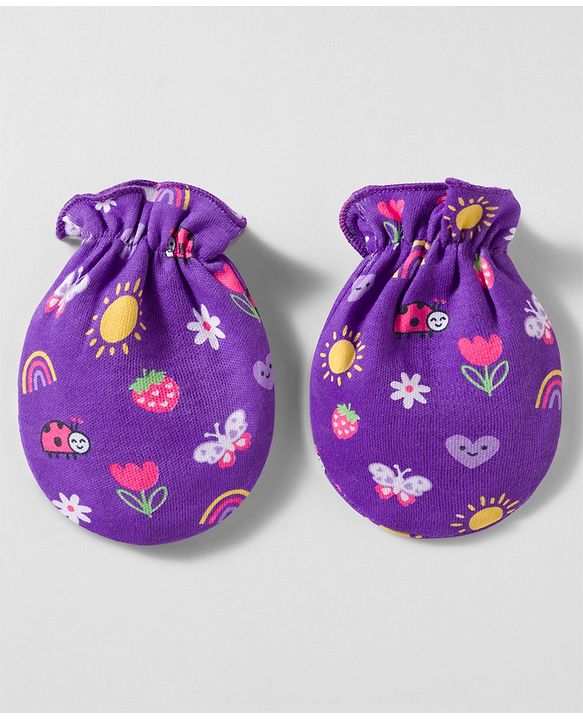Babyhug 100% Cotton Knit Mittens & Booties With Floral & Rainbow Print - Multicolor