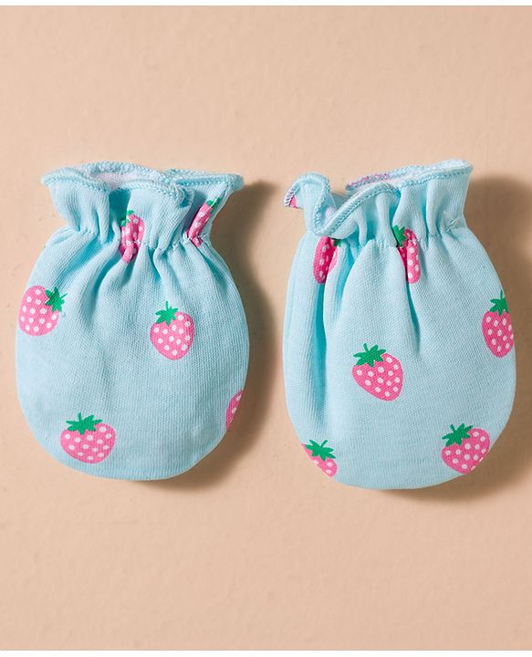 Babyhug 100% Cotton Interlock Knit Mittens & Booties Set With Strawberry Print - Blue