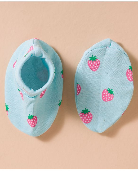 Babyhug 100% Cotton Interlock Knit Mittens & Booties Set With Strawberry Print - Blue