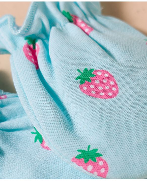 Babyhug 100% Cotton Interlock Knit Mittens & Booties Set With Strawberry Print - Blue