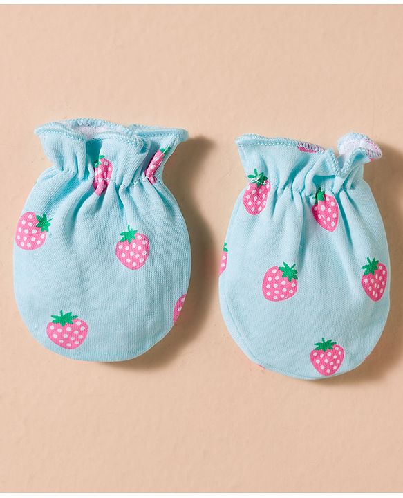 Babyhug 100% Cotton Interlock Knit Mittens & Booties Set With Strawberry Print - Blue