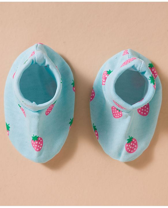 Babyhug 100% Cotton Interlock Knit Mittens & Booties Set With Strawberry Print - Blue