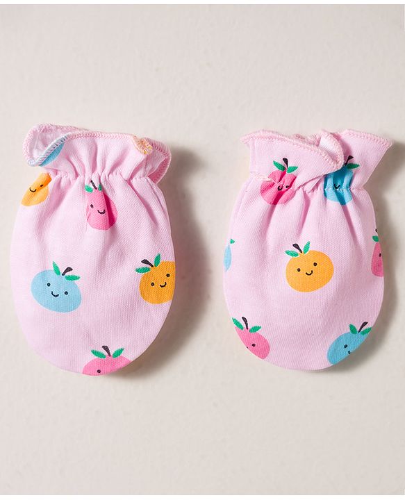 Babyhug 100% Cotton Interlock Knit Mittens & Booties Set With Fruits Print - Pink