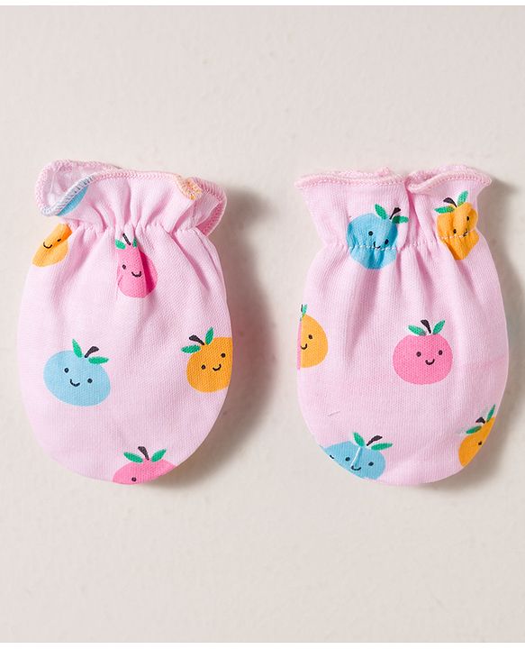 Babyhug 100% Cotton Interlock Knit Mittens & Booties Set With Fruits Print - Pink