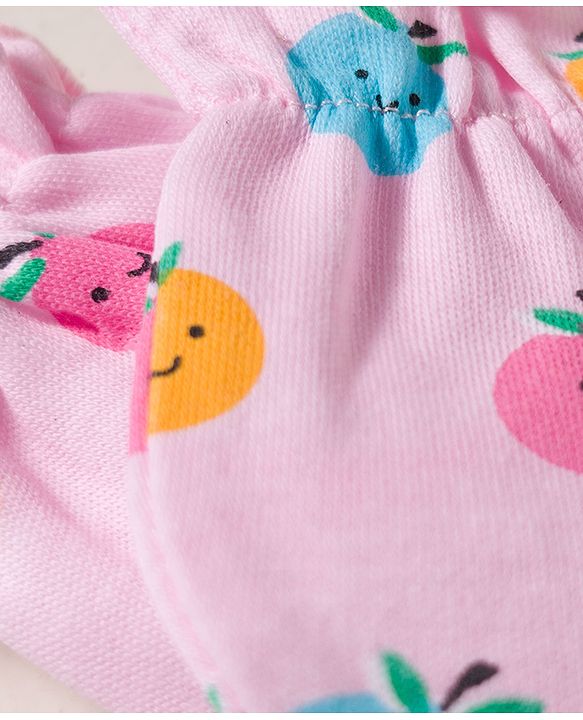Babyhug 100% Cotton Interlock Knit Mittens & Booties Set With Fruits Print - Pink