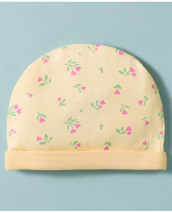 Babyhug 100% Cotton Knit Cap, Mittens & Booties Set with Floral Print Peach - Diameter 16 cm