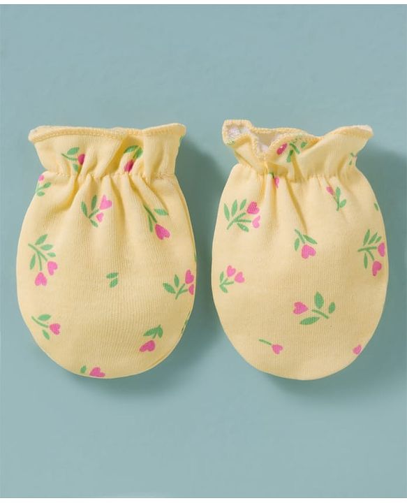 Babyhug 100% Cotton Knit Cap, Mittens & Booties Set with Floral Print Peach - Diameter 16 cm