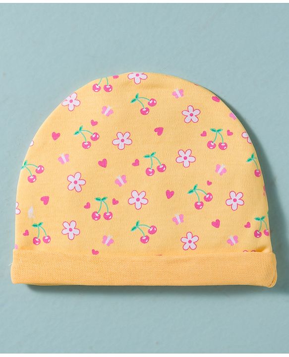 Babyhug 100% Cotton Interlock Knit Cap, Mittens & Booties Set With Floral Print Yellow - Diameter 16 cm