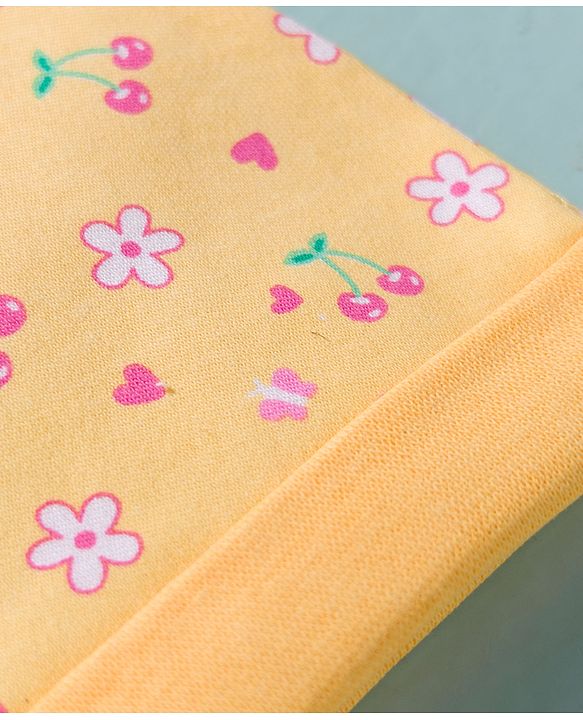 Babyhug 100% Cotton Interlock Knit Cap, Mittens & Booties Set With Floral Print Yellow - Diameter 16 cm