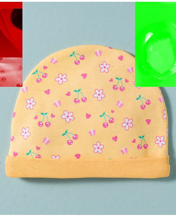 Babyhug 100% Cotton Interlock Knit Cap, Mittens & Booties Set With Floral Print Yellow - Diameter 16 cm