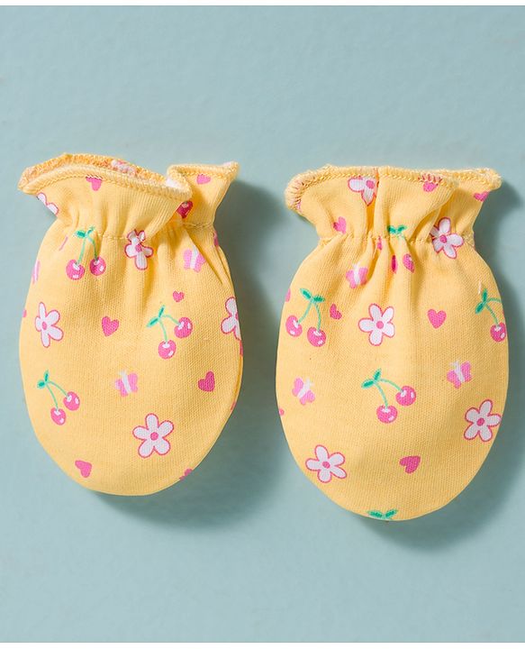 Babyhug 100% Cotton Interlock Knit Cap, Mittens & Booties Set With Floral Print Yellow - Diameter 16 cm