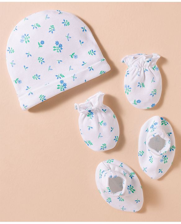 Babyhug 100% Cotton Interlock Knit Cap, Mittens & Booties Set With Floral Print White - Diameter 16 cm