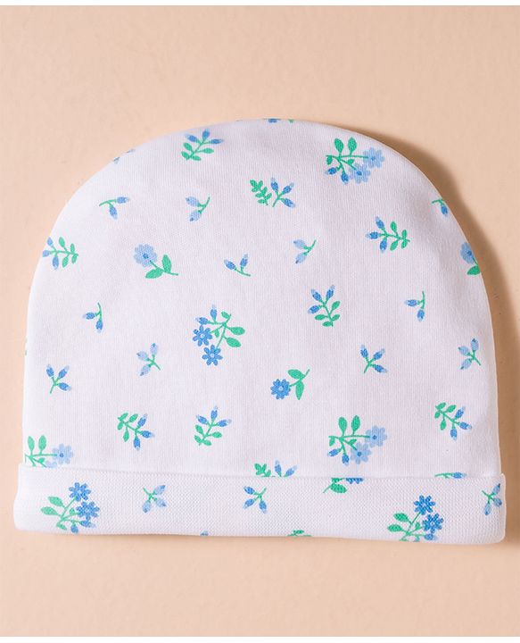 Babyhug 100% Cotton Interlock Knit Cap, Mittens & Booties Set With Floral Print White - Diameter 16 cm
