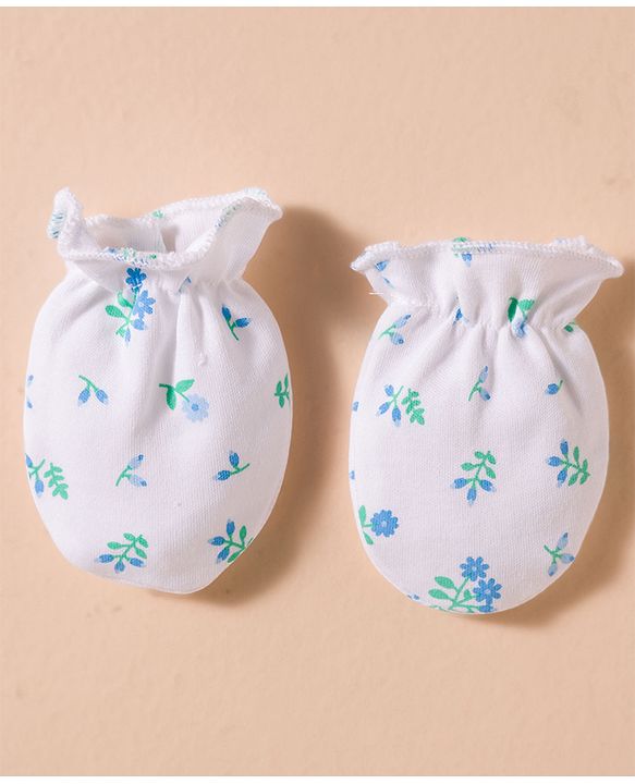 Babyhug 100% Cotton Interlock Knit Cap, Mittens & Booties Set With Floral Print White - Diameter 16 cm