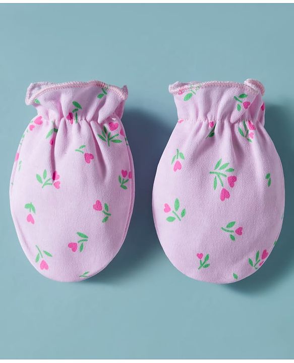 Babyhug 100% Cotton Cap Mittens & Booties with Floral Print Pink - Diameter 16 cm