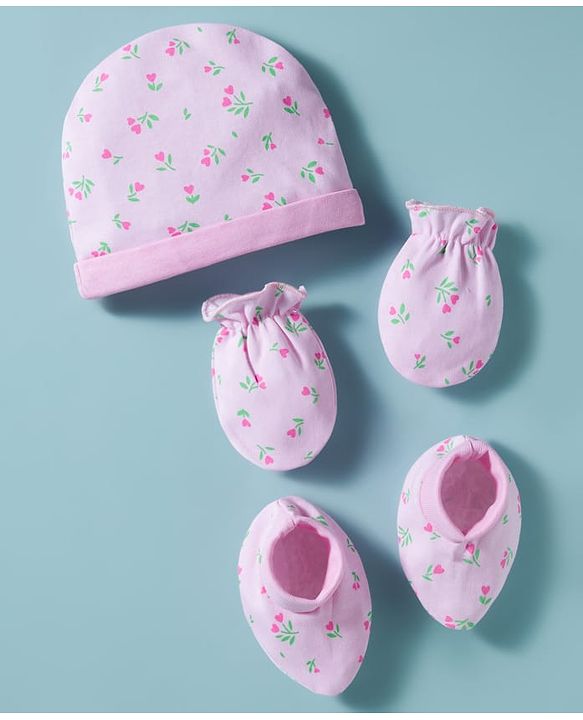 Babyhug 100% Cotton Cap Mittens & Booties with Floral Print Pink - Diameter 16 cm