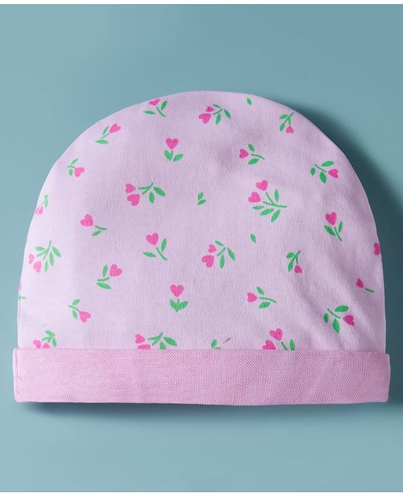 Babyhug 100% Cotton Cap Mittens & Booties with Floral Print Pink - Diameter 16 cm