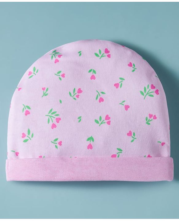 Babyhug 100% Cotton Cap Mittens & Booties with Floral Print Pink - Diameter 16 cm