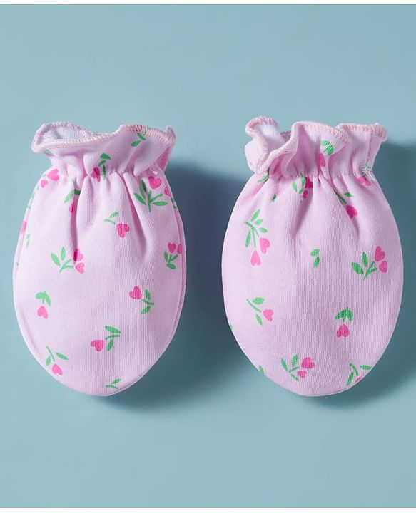 Babyhug 100% Cotton Cap Mittens & Booties with Floral Print Pink - Diameter 16 cm