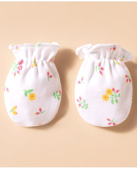 Babyhug 100% Cotton Knit Floral Printed Cap Mittens & Booties Set White & Light Green - Diameter 16 cm
