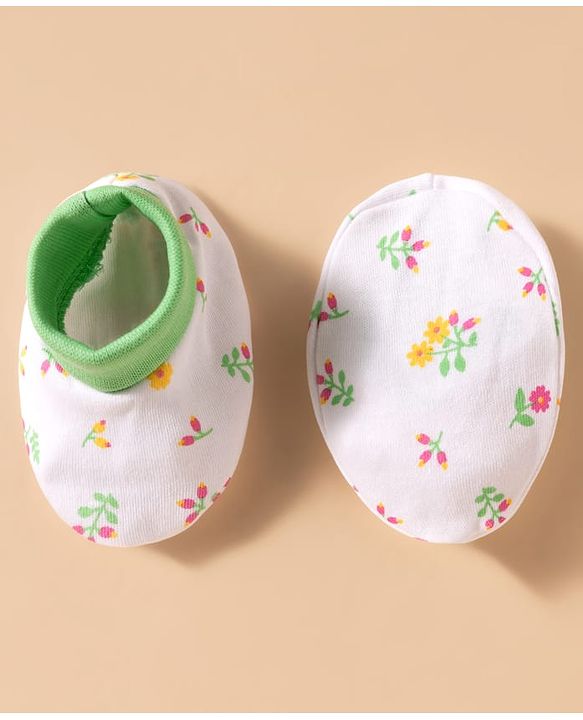 Babyhug 100% Cotton Knit Floral Printed Cap Mittens & Booties Set White & Light Green - Diameter 16 cm
