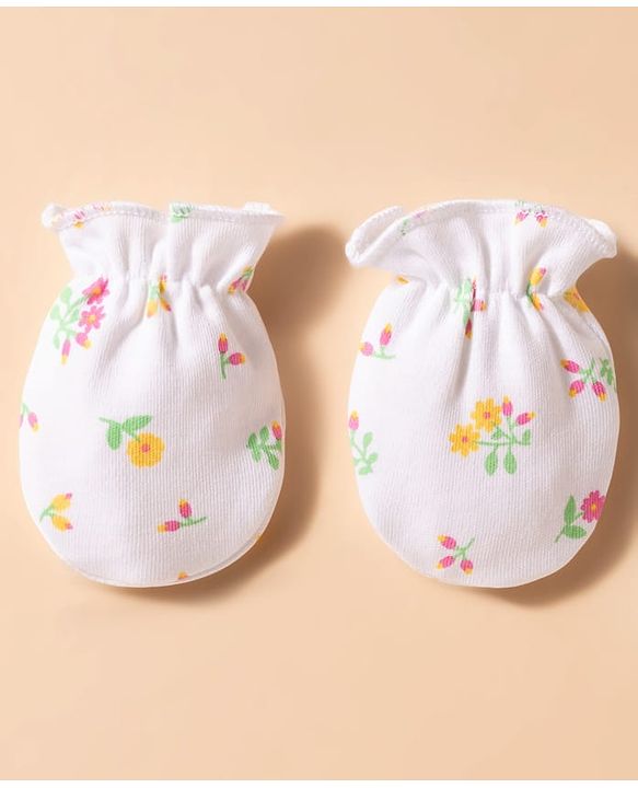 Babyhug 100% Cotton Knit Floral Printed Cap Mittens & Booties Set White & Light Green - Diameter 16 cm