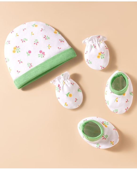 Babyhug 100% Cotton Knit Floral Printed Cap Mittens & Booties Set White & Light Green - Diameter 16 cm